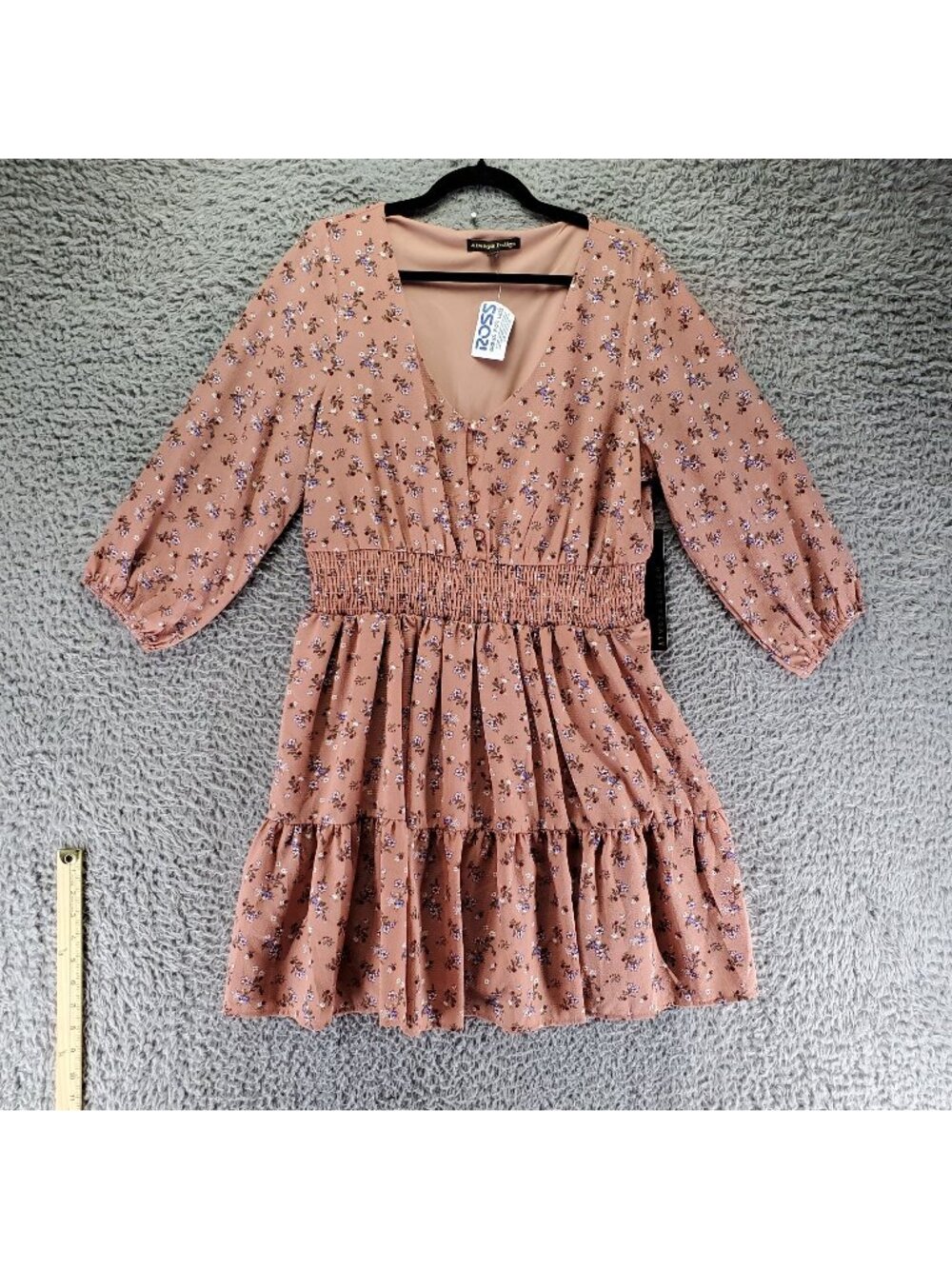 Always Indigo Dress Womens 1X Pink Floral Smocked Waist V-Neck Knee Length